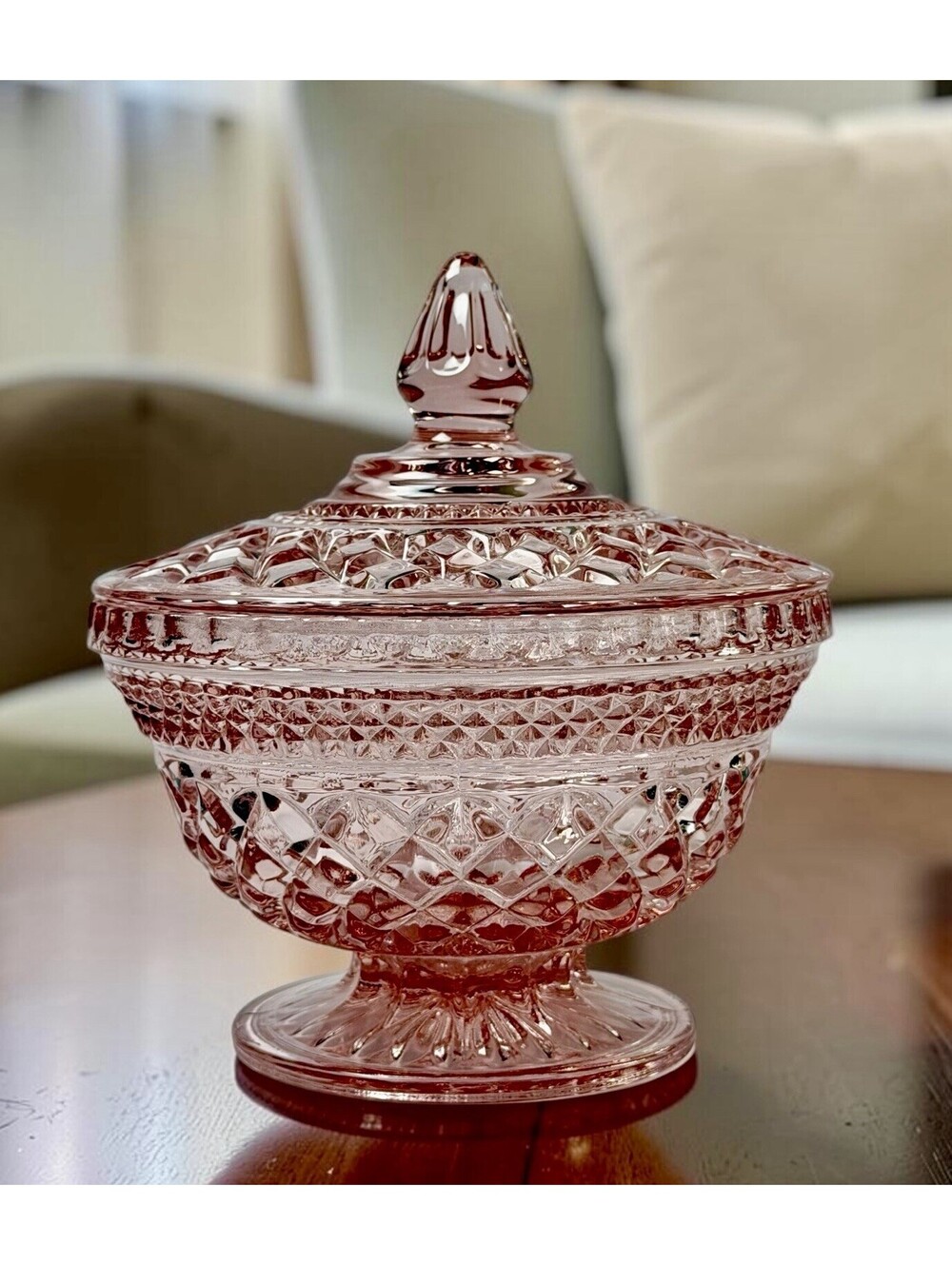 Mid-Century Anchor Hocking Pink Glass Wexford Lidded Pedestal Candy Bowl